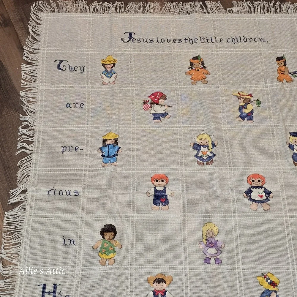 Vintage Childrens Blanket Cross Stitch Boys Girls Jesus Religious Nursery 52x39